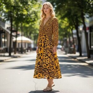 Vanessa Williams Maxi Dress Size L Long Sleeve Animal Print Lagenlook Cocktail